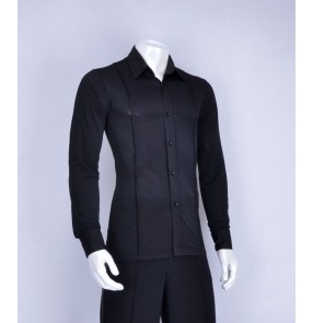 Turn down collar long sleeves black spandex men's male competition performance ballroom tango waltz dancing shirts tops 